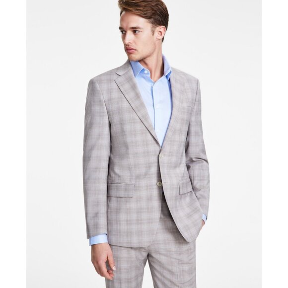 Calvin Klein Men SlimFit Wool Blend Plaid Suit Separate Jacket Tan 36S B4HP $450 - Picture 1 of 7